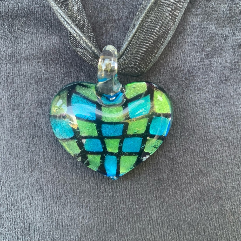Whimsical Geometric Green and Blue Checkerboard Pattern Heart Pendant Necklace